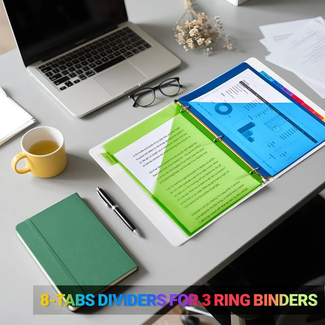 Alt view image 6 of 7 - 8-Tab Dividers for 3-Ring Binders, 96 Counts 3 Holes Index Dividers with 2 Pockets, Insertable 8 Tabs Binder Divider for 1/2''/1''/2''/3'' inch Binders, 8 Colors (12)