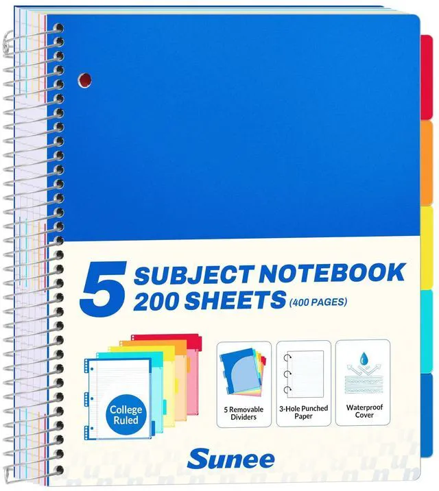 Main image of 5 Subject Notebook College Ruled - 400 Pages, 9"x11", 5 Pocket Colored Dividers, 3-Hole Punched Paper, Blue