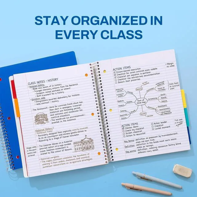 Alt view image 6 of 7 - 5 Subject Notebook College Ruled - 400 Pages, 9"x11", 5 Pocket Colored Dividers, 3-Hole Punched Paper, Blue
