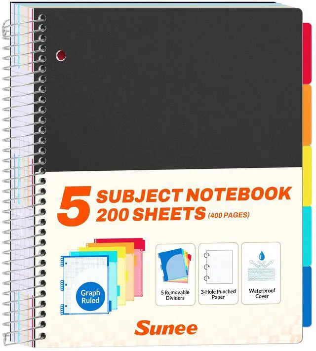 Main image of 5 Subject Graph Paper Notebook - 400 Pages, 9"x11", 4x4 Graph Ruled Notebook, 5 Pocket Colored Dividers, 3-Hole Punched Paper, Black