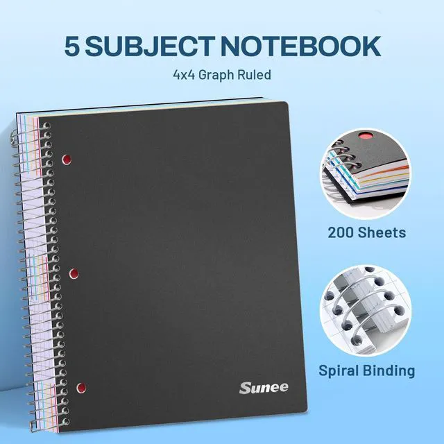 Alt view image 2 of 7 - 5 Subject Graph Paper Notebook - 400 Pages, 9"x11", 4x4 Graph Ruled Notebook, 5 Pocket Colored Dividers, 3-Hole Punched Paper, Black