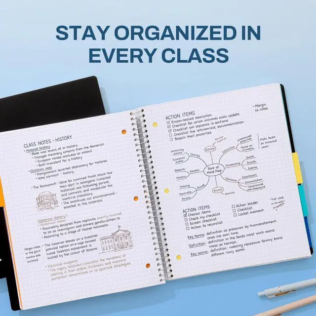 Alt view image 6 of 7 - 5 Subject Graph Paper Notebook - 400 Pages, 9"x11", 4x4 Graph Ruled Notebook, 5 Pocket Colored Dividers, 3-Hole Punched Paper, Black