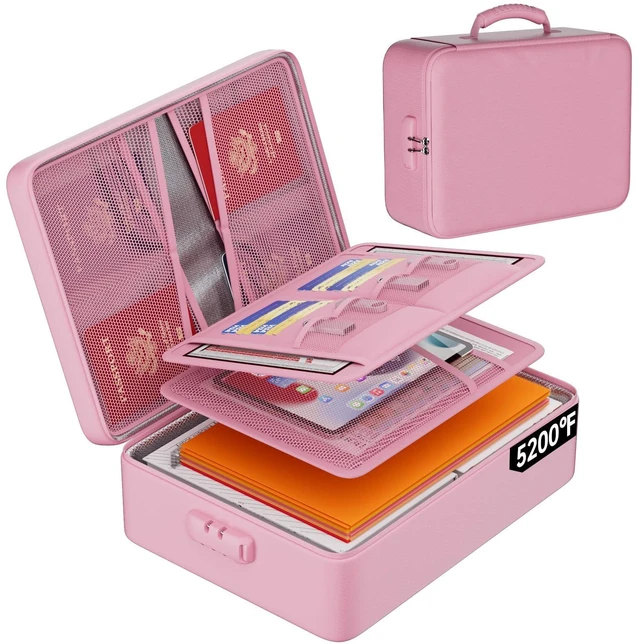 Main image of 5200°F Fireproof Document Organizer Box with Lock, Pink (Soft) Heat Insulated 8 Layers File Protection Bag,Water-Resistant Zipper,Portable Home Office Travel Safe Storage for Files,Laptop