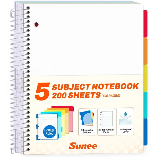 Main image of 5 Subject Notebook College Ruled - 400 Pages, 9"x11", 5 Pocket Colored Dividers, 3-Hole Punched Paper, White