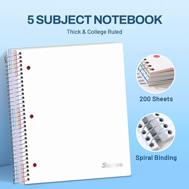 Alt view image 2 of 7 - 5 Subject Notebook College Ruled - 400 Pages, 9"x11", 5 Pocket Colored Dividers, 3-Hole Punched Paper, White