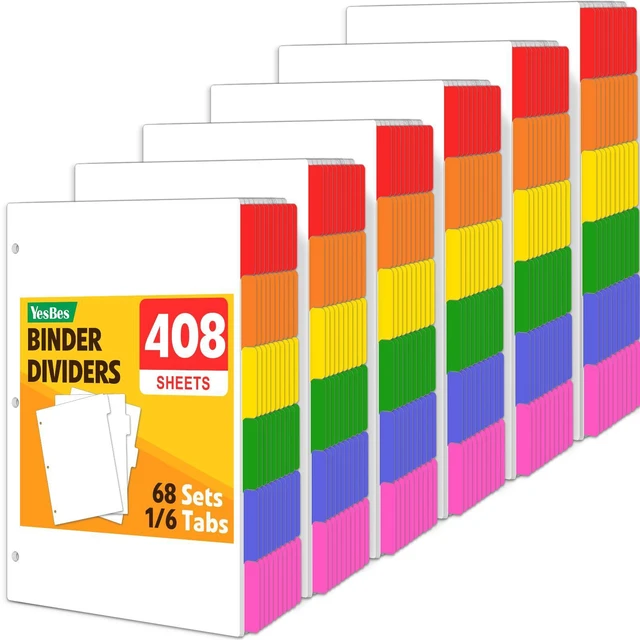 Main image of 408 Pcs Binder Dividers with Multicolor Tabs, 1/6 Cut Tabs, Dividers for 3 Ring Binder, Blank Write On Binder Dividers in 6 Tab Sets, Letter Size, 408 Dividers, 68 Sets