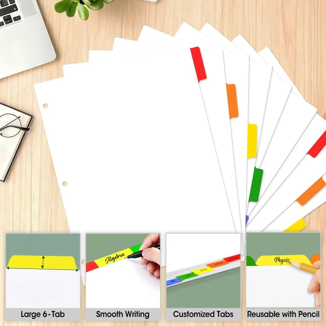 Alt view image 4 of 6 - 120 Pcs Binder Dividers with Multicolor Tabs, 1/6 Cut Tabs, Dividers for 3 Ring Binder, Blank Write On Binder Dividers in 6 Tab Sets, Letter Size, 120 Dividers, 20 Sets