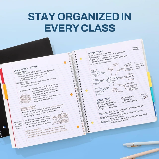 Alt view image 6 of 7 - 5 Subject Notebook College Ruled - 400 Pages, 9"x11", 5 Pocket Colored Dividers, 3-Hole Punched Paper, Black