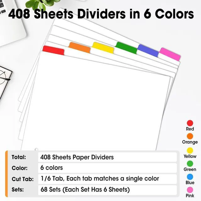 Alt view image 6 of 7 - 408 Pcs Binder Dividers with Multicolor Tabs, 1/6 Cut Tabs, Dividers for 3 Ring Binder, Blank Write On Binder Dividers in 6 Tab Sets, Letter Size, 408 Dividers, 68 Sets