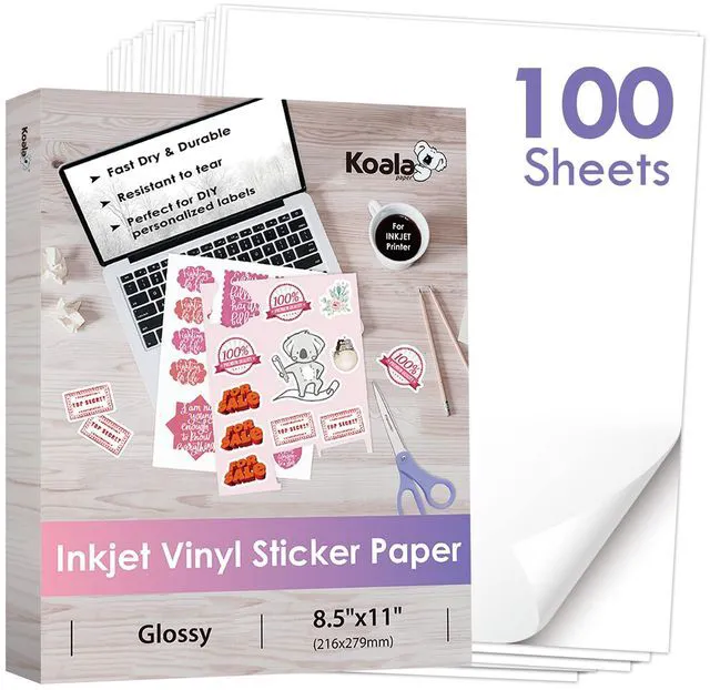 Main image of Printable Vinyl Sticker Paper for Inkjet Printer, Glossy 100 Sheets Waterproof, 8.5x11 Inch, White Adhesive Label Paper, Vivid Colors, Tear-Resistant, Removable, for Custom Stickers