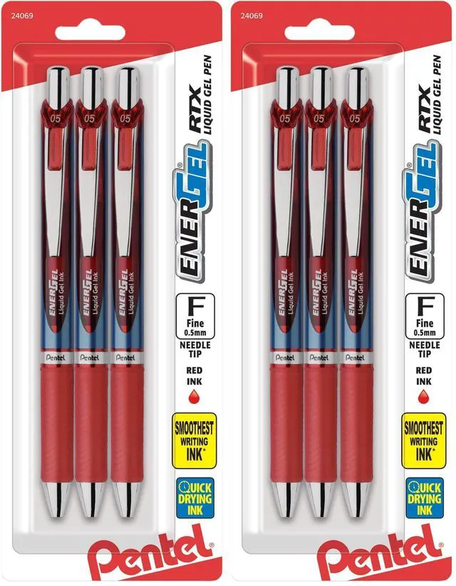 Main image of ® EnerGel® RTX Retractable Liquid Gel Pens, Fine Point, 0.5mm, 54% Recycled, Assorted Barrel Colors, Red Ink, Pack Of 6 Pans