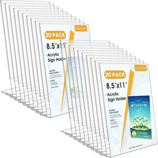 Main image of Acrylic Sign Holder, 8.5 x 11 Slant Back Display Stand, 20 Pack Clear Acrylic Material, L-Shape Design for Menus, Flyers and Signs, Easy Paper Insertion, Use In Office, Home, Store