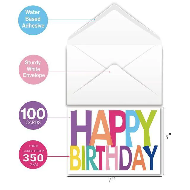 Alt view image 4 of 6 - 100 Birthday Cards, Happy Birthday Cards Bulk with Short Message Inside, 5x7 Inch Thick Card Stock Assorted Birthday Cards with Envelopes,10 Unique Designs for Men and Women. (Pack of 4)
