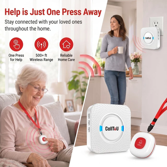 Alt view image 2 of 7 - Wireless Caregiver Pager Call Button for Elderly at Home Nurse Alert System 500+ Feet for Seniors/Elderly/Patient/Disabled 1 Plugin Receiver 1 Waterproof SOS Button