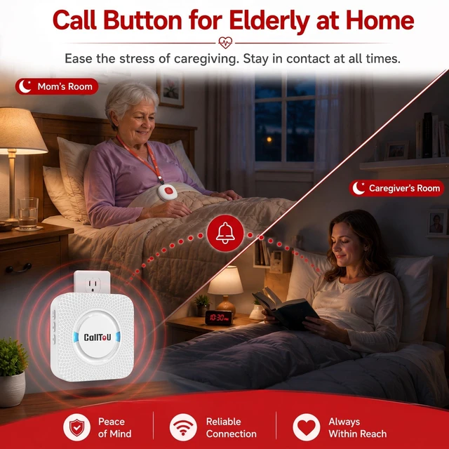 Alt view image 3 of 7 - Wireless Caregiver Pager Call Button for Elderly at Home Nurse Alert System 500+ Feet for Seniors/Elderly/Patient/Disabled 1 Plugin Receiver 1 Waterproof SOS Button