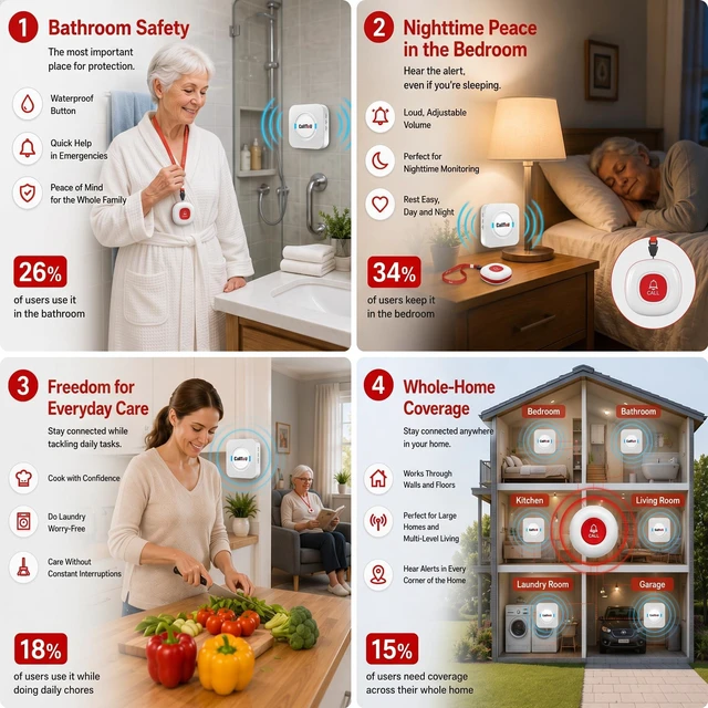 Alt view image 4 of 7 - Wireless Caregiver Pager Call Button for Elderly at Home Nurse Alert System 500+ Feet for Seniors/Elderly/Patient/Disabled 1 Plugin Receiver 1 Waterproof SOS Button
