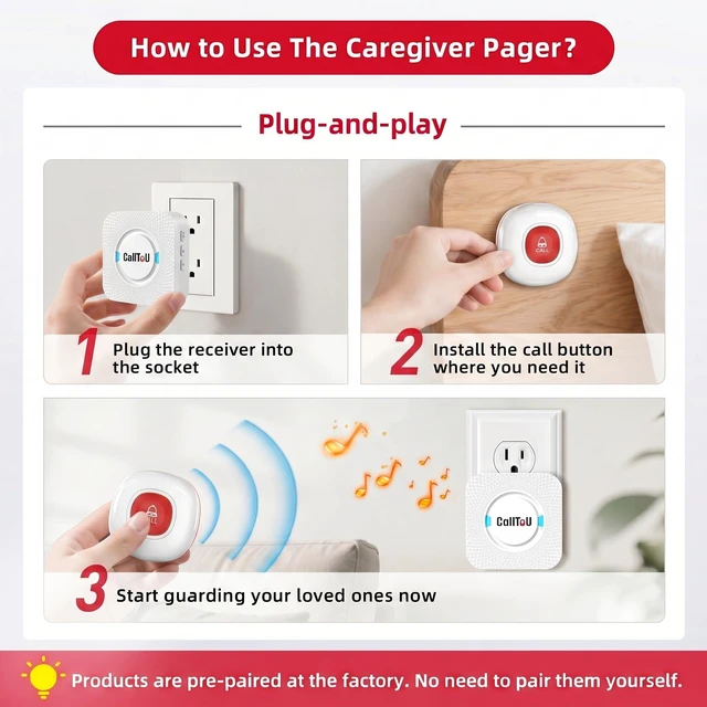 Alt view image 6 of 7 - Wireless Caregiver Pager Call Button for Elderly at Home Nurse Alert System 500+ Feet for Seniors/Elderly/Patient/Disabled 1 Plugin Receiver 1 Waterproof SOS Button