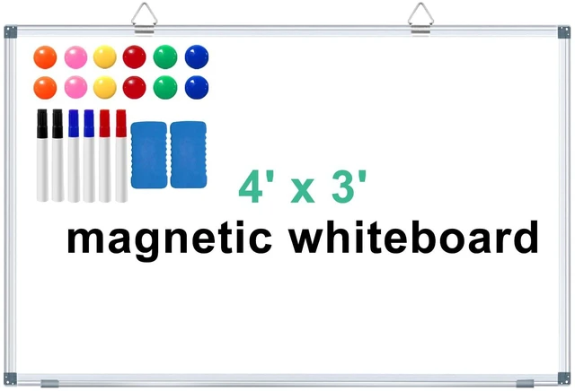 Main image of Large Dry Erase White Board 4' x 3' Magnetic Whiteboard 48"x36" Aluminum Presentation Whiteboard with Long Pen Tray, 6 Markers, 2 Erasers &12 Magnets