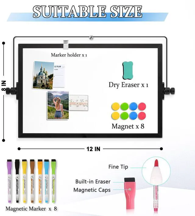 Alt view image 3 of 7 - Double-Sided Magnetic White Board with Stand, 12" x 8" (Black) Dry Erase Board with Stand, Desktop Whiteboard Easel, Portable Small White board dry erase for Drawing, Office, Home