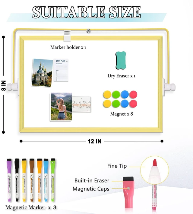 Alt view image 3 of 7 - Double-Sided Magnetic White Board with Stand, 12" x 8" (Gold) Dry Erase Board with Stand, Desktop Whiteboard Easel, Portable Small White board dry erase for Drawing, Office, Home