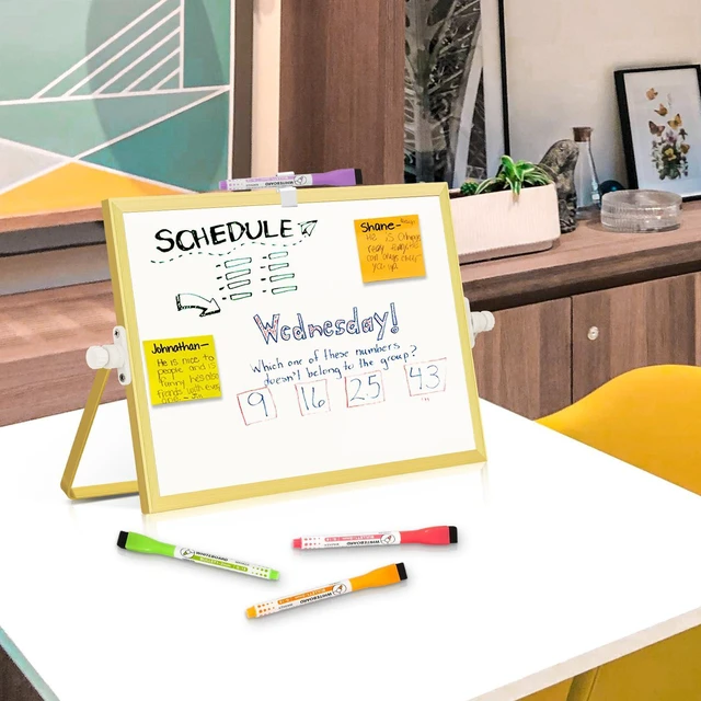 Alt view image 7 of 7 - Double-Sided Magnetic White Board with Stand, 12" x 8" (Gold) Dry Erase Board with Stand, Desktop Whiteboard Easel, Portable Small White board dry erase for Drawing, Office, Home