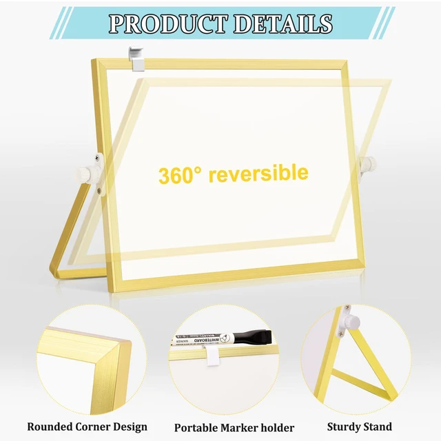 Alt view image 2 of 7 - Double-Sided Magnetic White Board with Stand, 12" x 8" (Gold) Dry Erase Board with Stand, Desktop Whiteboard Easel, Portable Small White board dry erase for Drawing, Office, Home