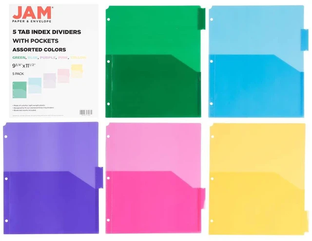 Alt view image 2 of 7 - Plastic Index 5-Tab Dividers w/Double Pockets - 9 3/4 x 11 1/2 - Assorted Multi-Color - 6 Packs of 5 Tabs/Set