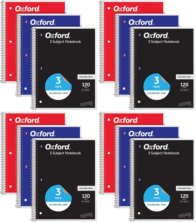 Main image of Spiral Notebooks, 3 Subject, College Ruled Notebooks for School, 8 x 10.5 Inches, 120 Sheets, 2 Dividers, Assorted Colors, Back to School Supplies (65202) (Pack of 12)