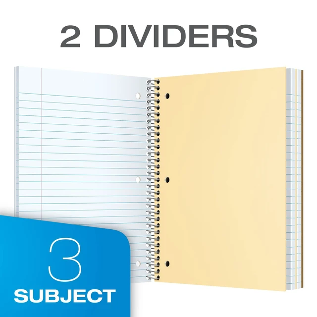 Alt view image 2 of 7 - Spiral Notebooks, 3 Subject, College Ruled Notebooks for School, 8 x 10.5 Inches, 120 Sheets, 2 Dividers, Assorted Colors, Back to School Supplies (65202) (Pack of 12)