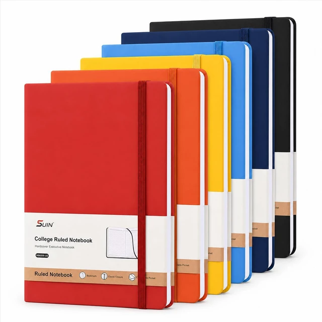 Main image of 6 Pack A5 Hardcover Lined Journal Notebooks, 6 Colors, 200 Pages Each Six colors help organize subjects or projects; each notebook has a soft-touch cover, elastic closure and ribbon bookmark