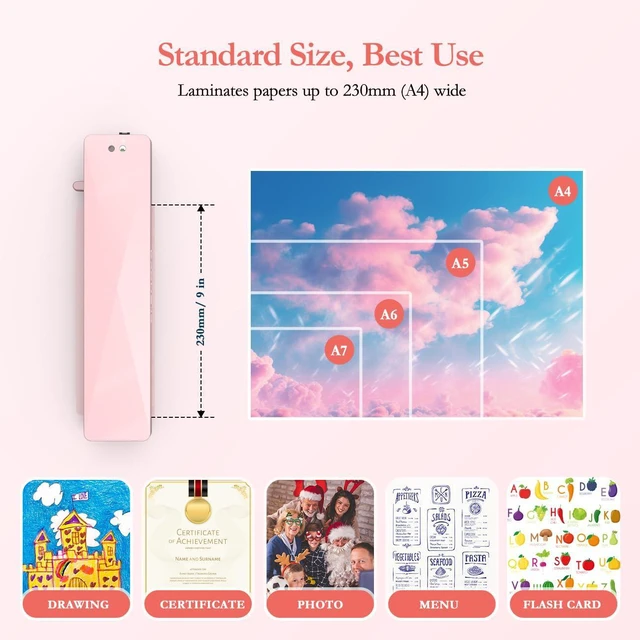 Alt view image 7 of 7 - Laminator Machine with 10 Laminating Sheets, A4 Laminating Machine Hot & Cold with Fast Warm Technology, Thermal Laminator 9 Inch for Home Office School Business Pink