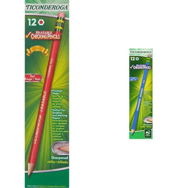 Main image of Erasable Checking Pencils with Eraser, Pre-sharpened, Red, 12-Pack (14259) & Erasable Checking Wood-Cased Pencils, Pre-Sharpened, Blue, 12 Count