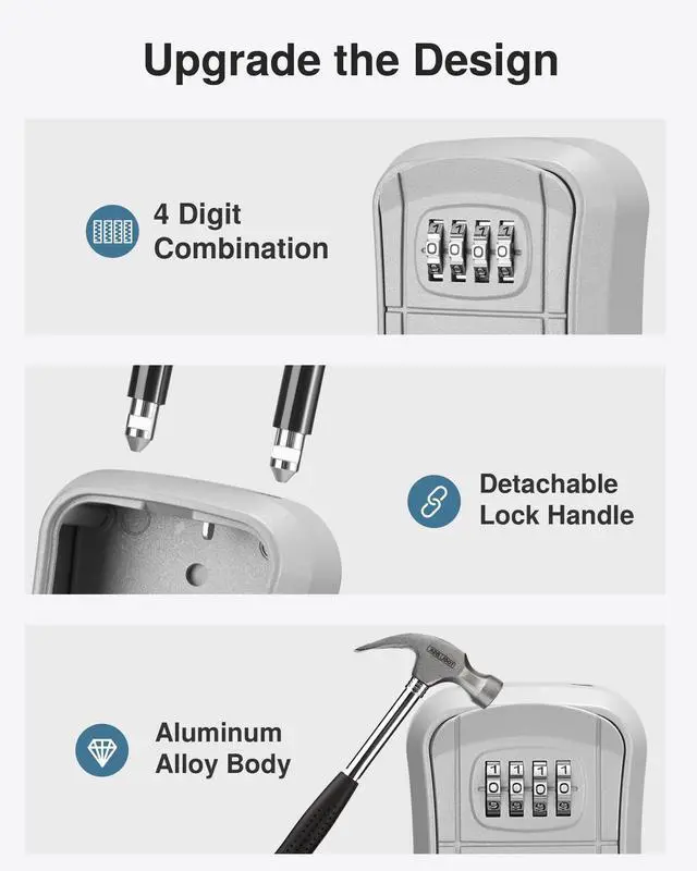 Alt view image 4 of 7 - Key Lock Box Outdoor 4 Digit Code Combination Lockbox House 1 Silver For Contractors Guest Realtor Storage Keys, Portable, Home Wall Mount, Resettable, Combination, Weatherproof, High-capacity