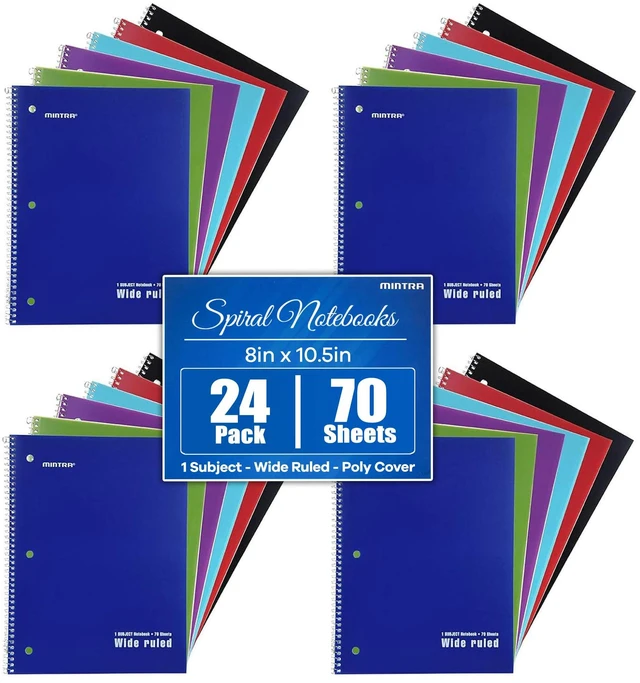 Main image of Spiral Notebooks, Wirebound, Journals for School, Work, Business, Aesthetic Stationery, Writing Pads, Teacher & Student Supplies (24, Solid Color-Poly Cover, Wide)