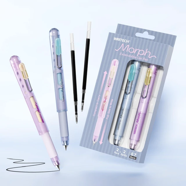 Alt view image 7 of 7 - Morph Extendable Gel Pens: 0.7mm Medium Point Black Ink Pocket-to-Full-Size Design Translucent Soft Grip Barrel Includes 2 Pens and 2 Refills Dual-Length Pocket Pen 4.6" to 6.1"