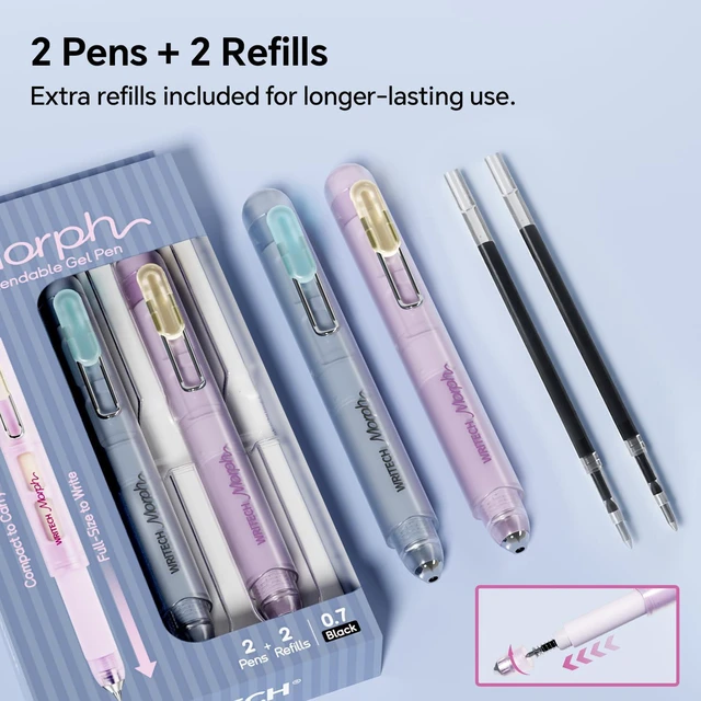 Alt view image 6 of 7 - Morph Extendable Gel Pens: 0.7mm Medium Point Black Ink Pocket-to-Full-Size Design Translucent Soft Grip Barrel Includes 2 Pens and 2 Refills Dual-Length Pocket Pen 4.6" to 6.1"