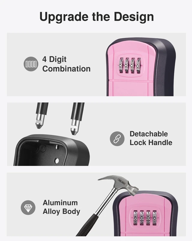 Alt view image 4 of 7 - Key Lock Box Outdoor 4 Digit Code Combination Lockbox House, 1 Pink For Contractors Guest Realtor Storage Keys, Portable, Home Wall Mount, Resettable, Combination, Weatherproof, High-capacity