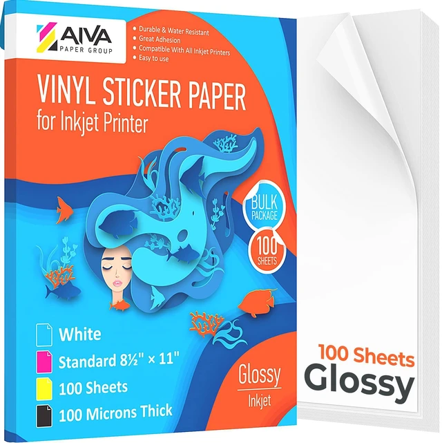 Main image of Printable Vinyl Sticker Paper - Waterproof Decal Paper for Inkjet Printer - 100 Self-Adhesive Sheets - Glossy White - Standard Letter Size 8.5"x11"