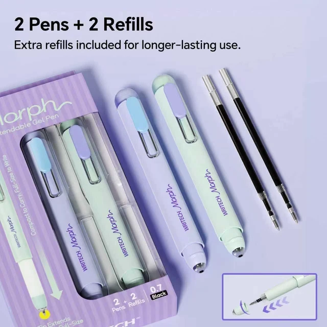 Alt view image 6 of 7 - Gel Pens Medium Point: Morph 0.7mm Black Ink Mini to Full Size Soft Grip Portable Extendable Pocket Pen Set with 2 Pens and 2 Refills
