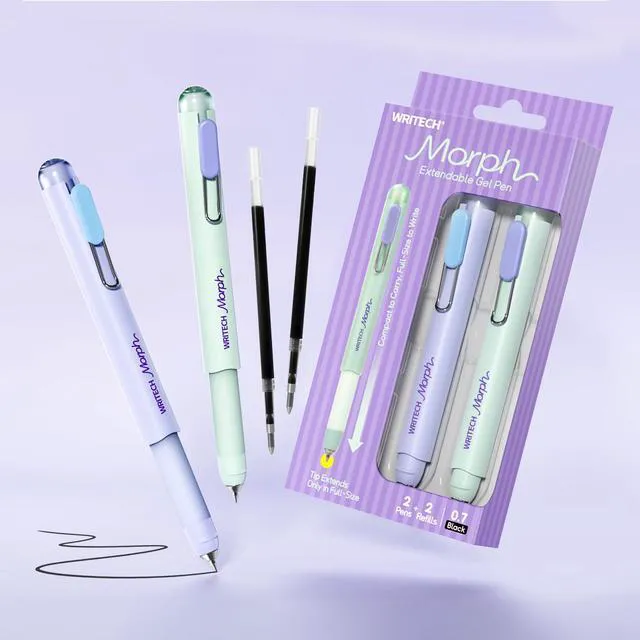 Alt view image 7 of 7 - Gel Pens Medium Point: Morph 0.7mm Black Ink Mini to Full Size Soft Grip Portable Extendable Pocket Pen Set with 2 Pens and 2 Refills