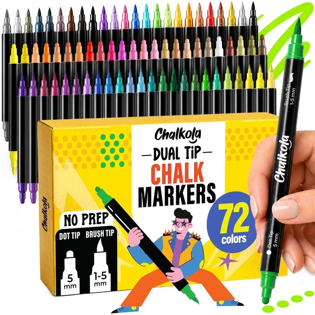 Main image of 72 Liquid Chalk Markers Dual Tip Dot & Brush - Erasable Chalk Pens 72 Colors - Neon, Pastel, Metallic - Non Toxic, No Prep Chalk Marker for Blackboard, Chalkboard, Glass, Mirror, Car Window