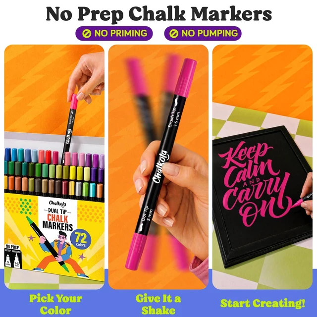 Alt view image 2 of 7 - 72 Liquid Chalk Markers Dual Tip Dot & Brush - Erasable Chalk Pens 72 Colors - Neon, Pastel, Metallic - Non Toxic, No Prep Chalk Marker for Blackboard, Chalkboard, Glass, Mirror, Car Window
