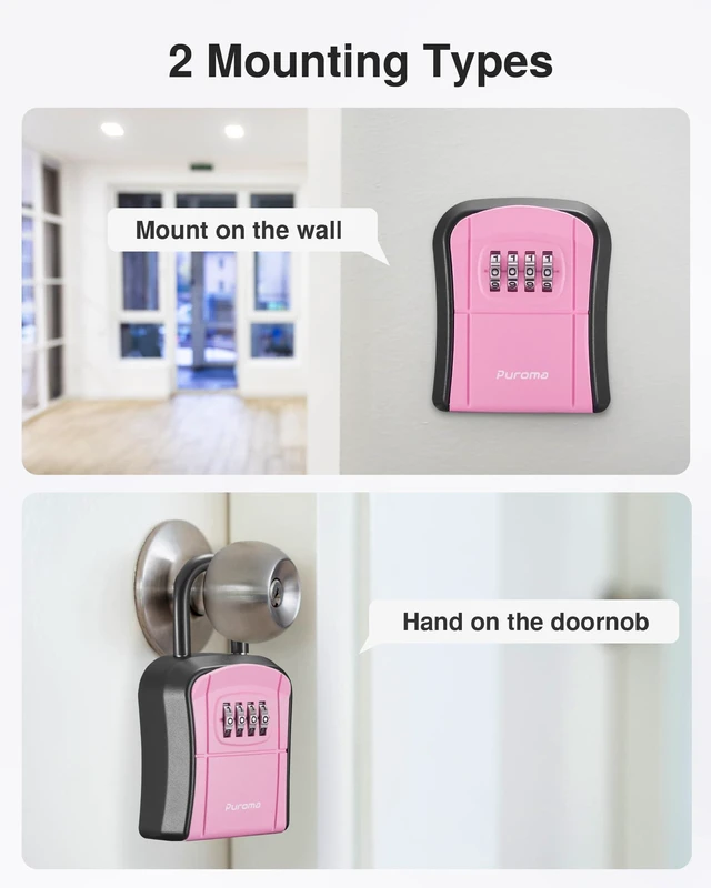 Alt view image 5 of 7 - Key Lock Box Outdoor 4 Digit Code Combination Lockbox House, 1 Pink For Contractors Guest Realtor Storage Keys, Portable, Home Wall Mount, Resettable, Combination, Weatherproof, High-capacity