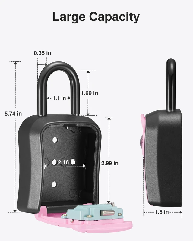Alt view image 6 of 7 - Key Lock Box Outdoor 4 Digit Code Combination Lockbox House, 1 Pink For Contractors Guest Realtor Storage Keys, Portable, Home Wall Mount, Resettable, Combination, Weatherproof, High-capacity