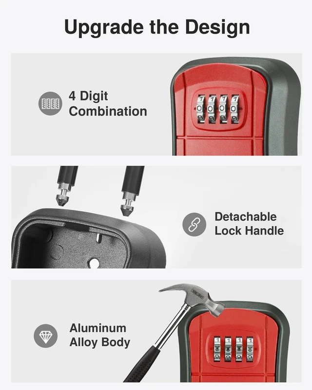 Alt view image 4 of 7 - Key Lock Box Outdoor 4 Digit Code Combination Lockbox House, 1 Red For Contractors Guest Realtor Storage Keys, Portable, Home Wall Mount, Resettable, Combination, Weatherproof, High-capacity