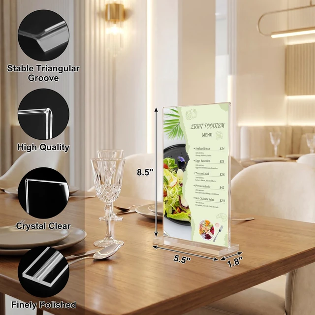 Alt view image 3 of 7 - 5.5 x 8.5 Acrylic Sign Holder 6 pack, Clear Table Display Stand T-Shaped Plastic Menu Holder with Stable Triangle Slot, Vertical Sign Holder for Restaurant, Office, School, Store, and Home