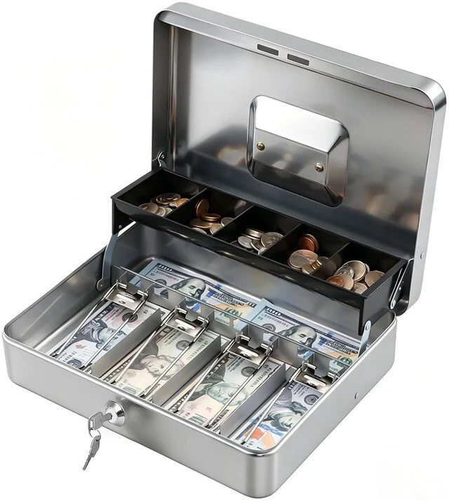 Main image of Locking Cash Box with Lock,Money Box with Cash Tray,Lock Safe Box with Key Money Saver,Money Saving Organizer,11.81Lx 9.45Wx 3.54H Inches,Lightgrey XL Large