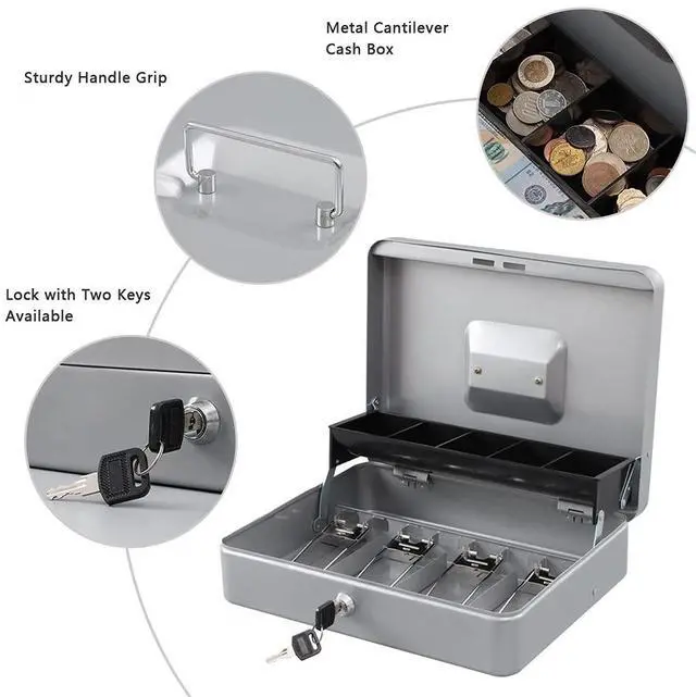 Alt view image 2 of 6 - Locking Cash Box with Lock,Money Box with Cash Tray,Lock Safe Box with Key Money Saver,Money Saving Organizer,11.81Lx 9.45Wx 3.54H Inches,Lightgrey XL Large