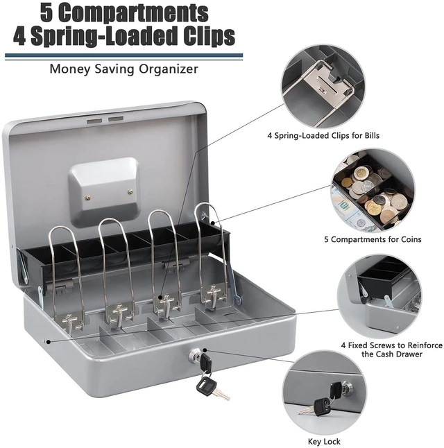 Alt view image 4 of 6 - Locking Cash Box with Lock,Money Box with Cash Tray,Lock Safe Box with Key Money Saver,Money Saving Organizer,11.81Lx 9.45Wx 3.54H Inches,Lightgrey XL Large