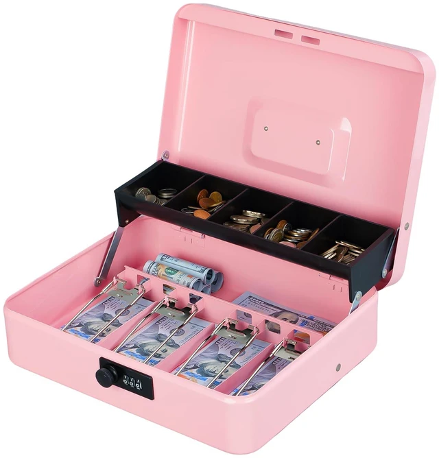 Main image of Large Cash Box with Combination Lock, Money Box with Cash Tray, Lock Safe Box with Key, Money Saving Organizer, 11.81Lx 9.45Wx 3.54H Inches, Pink XL Large